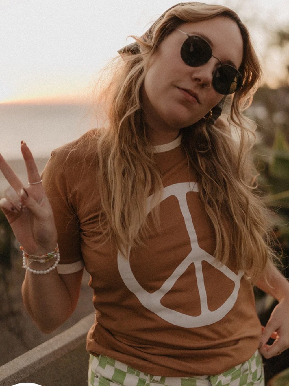 The Bee and The Fox Brown Peace Graphic Ringer Tee